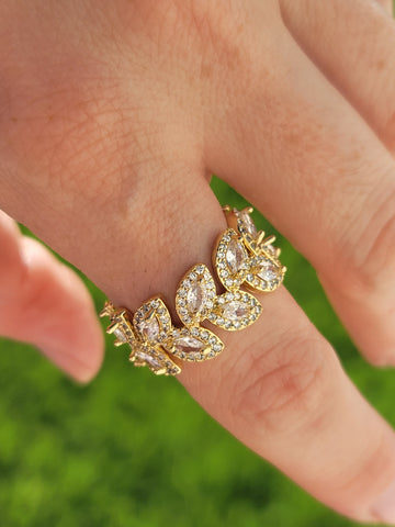18k real gold plated and baguette CZ leaves ring