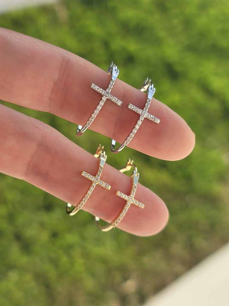 .925 sterling silver cz cross hoop earrings