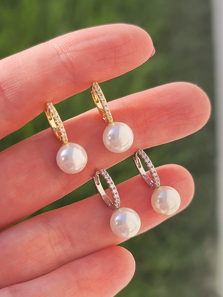 .925 sterling silver pearl and cz hoop earrings