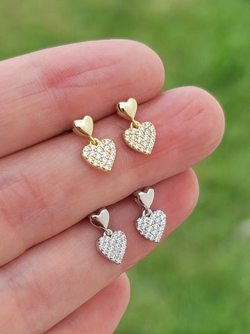 .925 sterling silver cz dangling heart earrings