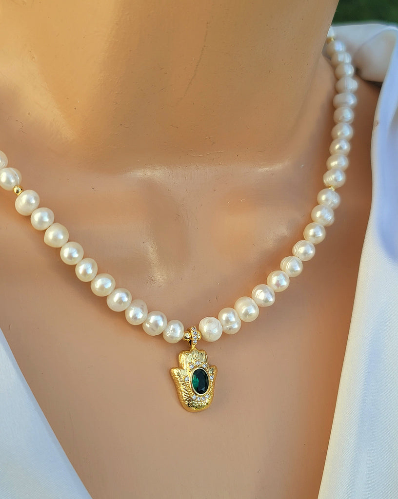 18k real gold plated pearl and green crystal hamsa hand necklaces