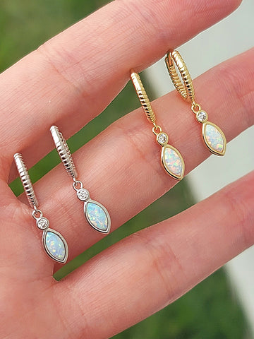 .925 sterling silver opal dangling drop hoop earrings