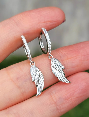 .925 Sterling silver CZ dangling angel wings hoop earrings