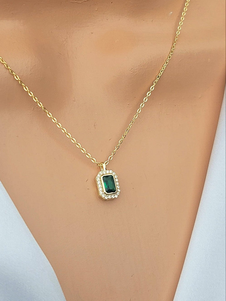 .925 Sterling silver CZ green rectangular pendant necklace