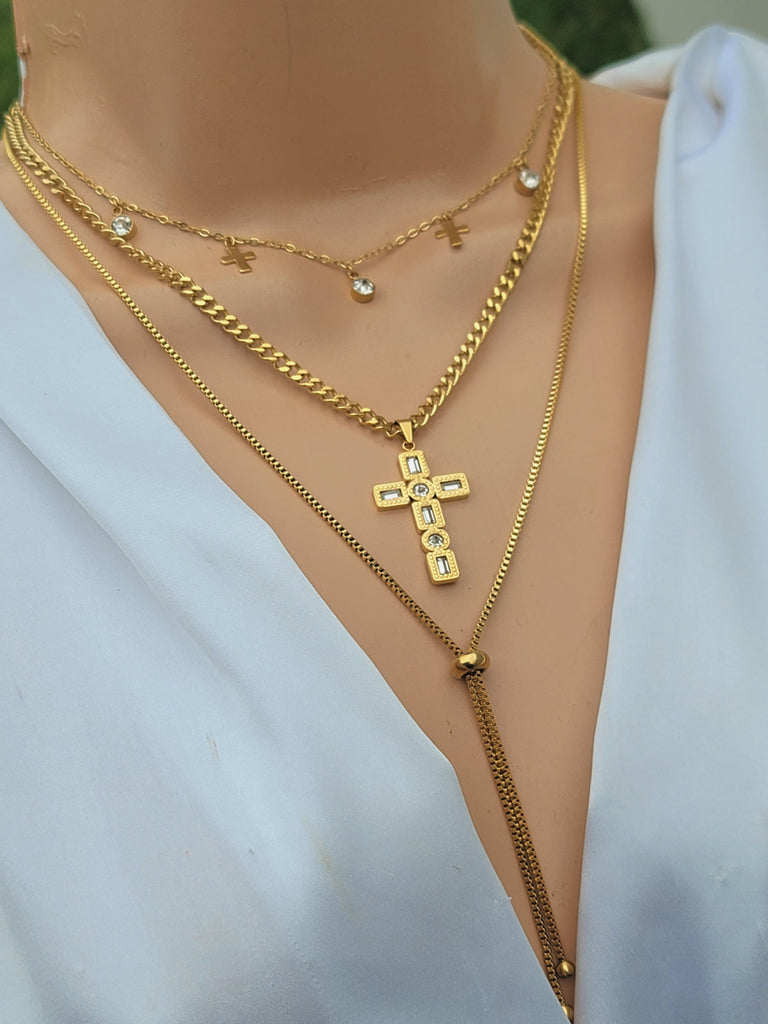 Stainless steel cross layered necklace set with earrings