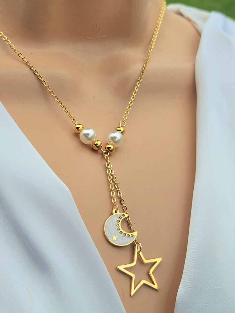 Stainless steel moon and star necklace set with earrings