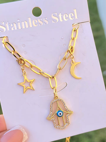 Stainless steel star-hamsa hand-moon charm necklaces