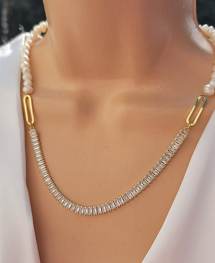 18k real gold plated pearl and cz necklaces
