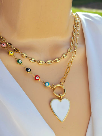 Stainless steel multicolor evil eye and heart necklace set