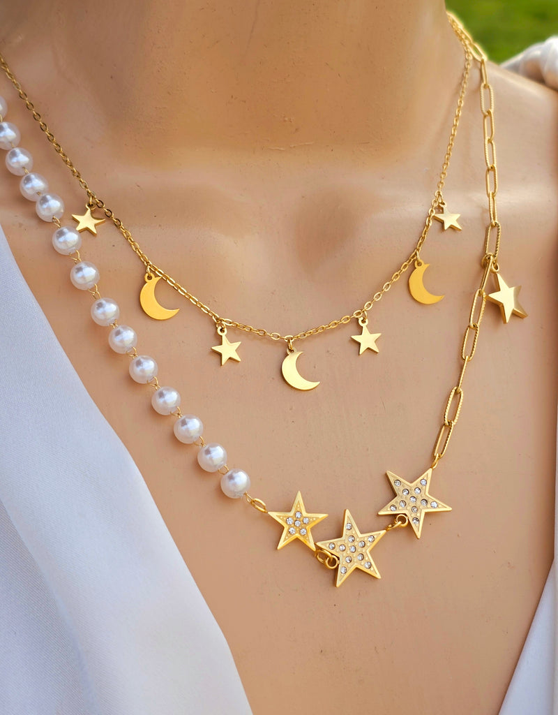 Stainless steel pearl moon and star necklace set with earrings