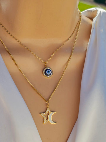 Stainless steel mon-star-evil eye necklace with earrings set