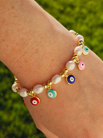 18k real gold plated pearl and multicolor evil eye bracelets