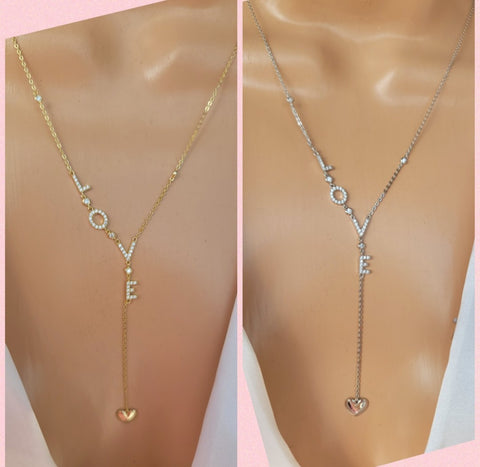 .925 Sterling silver and CZ LOVE long necklace