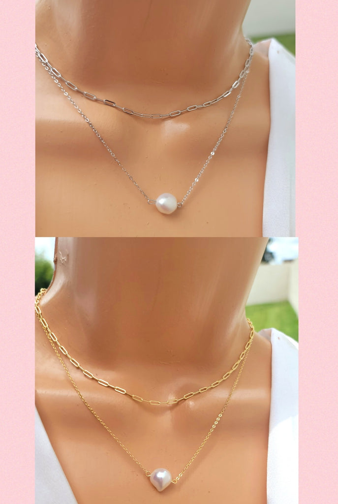 .925 sterling silver double chain pearl necklaces