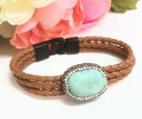 ﻿Leather and Paved Amazonite Natural Stone /  Freshwater Pearl Bracelet