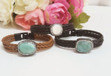 ﻿Leather and Paved Amazonite Natural Stone /  Freshwater Pearl Bracelet