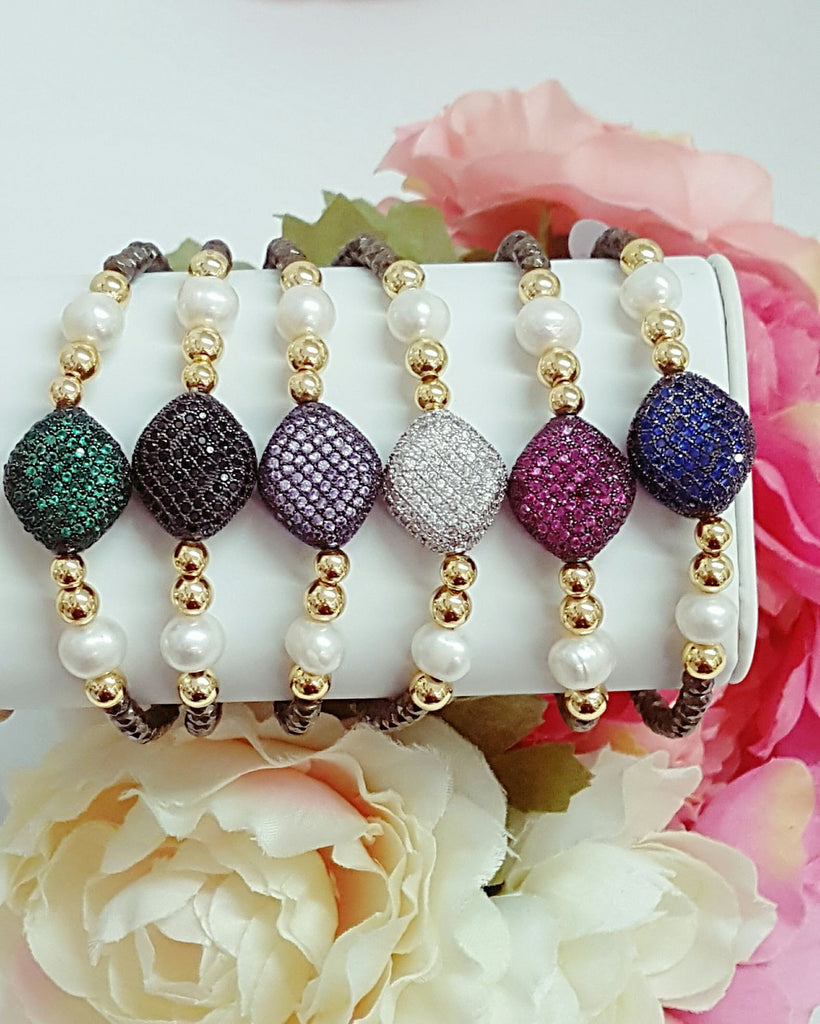 24k Real Gold plated, hematite, natural freshwater pearl and rhinestones bracelet