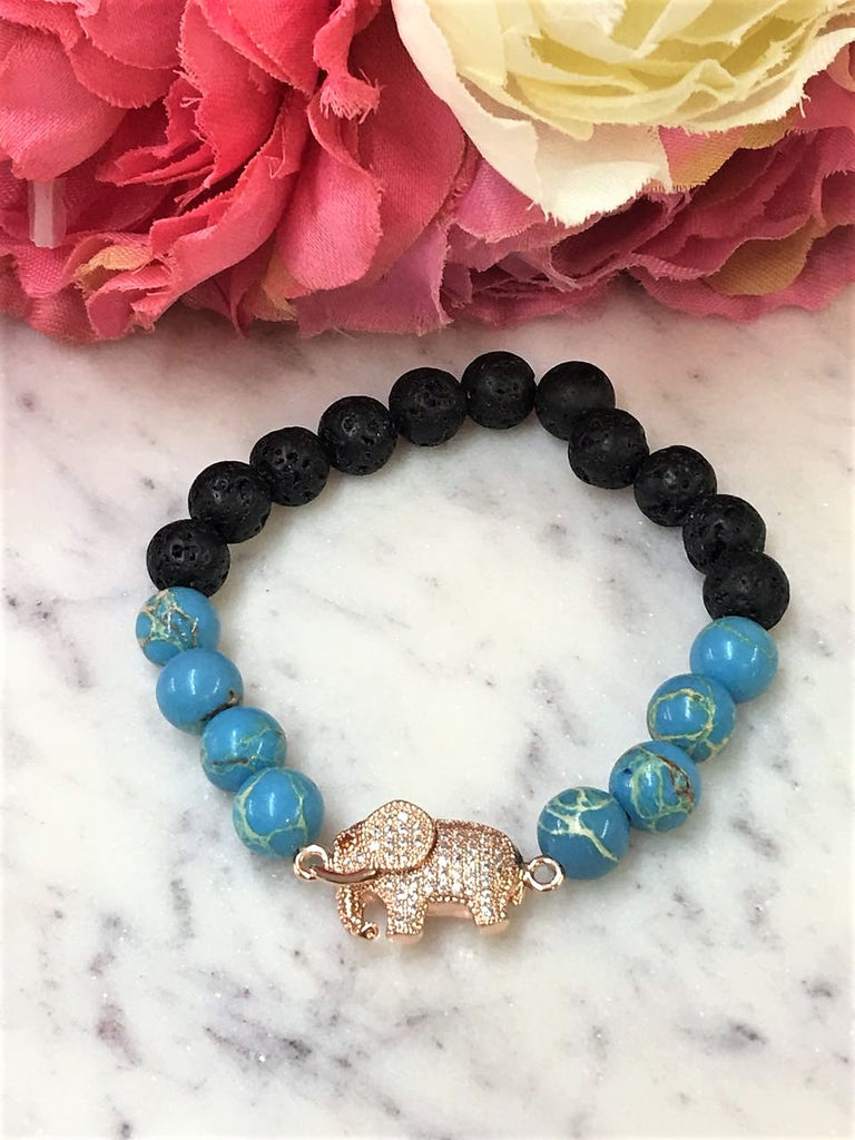 Black Onyx and turquoise with CZ elephant bracelet