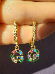 Rhodium plated rainbow CZ initial earrings