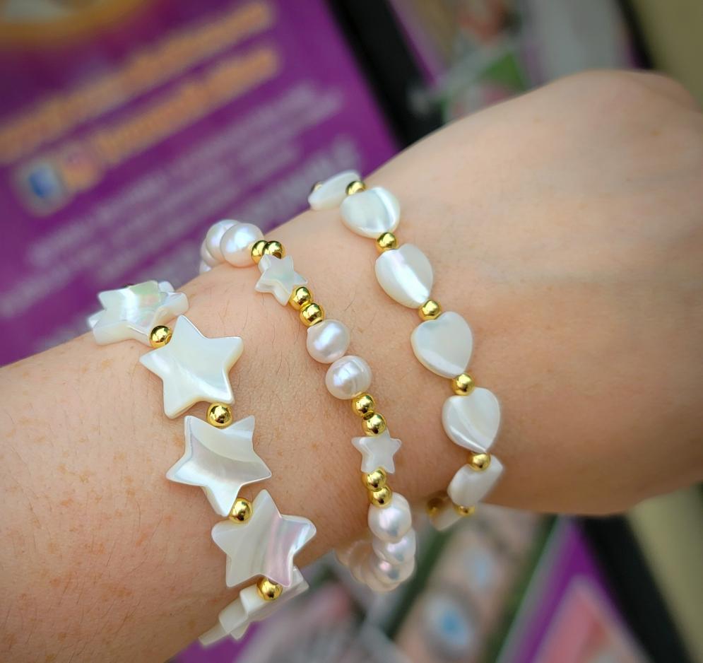 18k gold plated, pearls and seashell bracelets