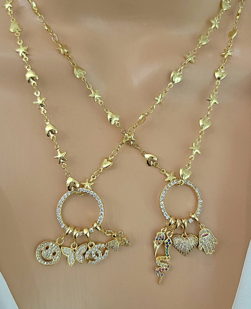18k gold plated and CZ dangling charms necklace