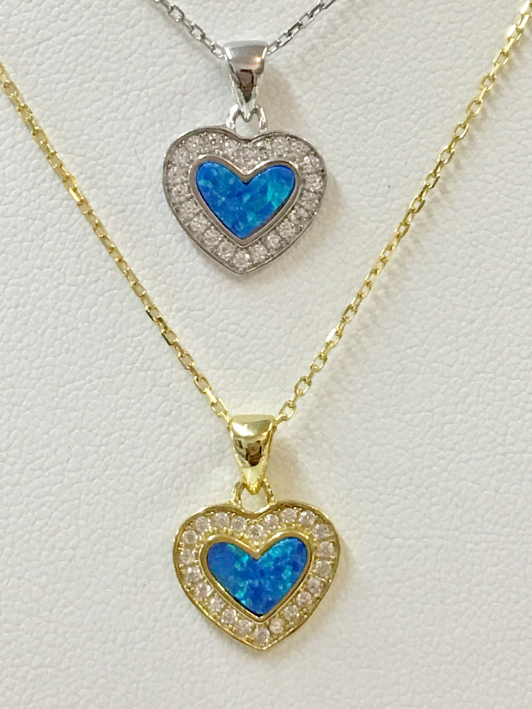 .925 Sterling Silver And Cz Zirconias Opal Heart Necklace