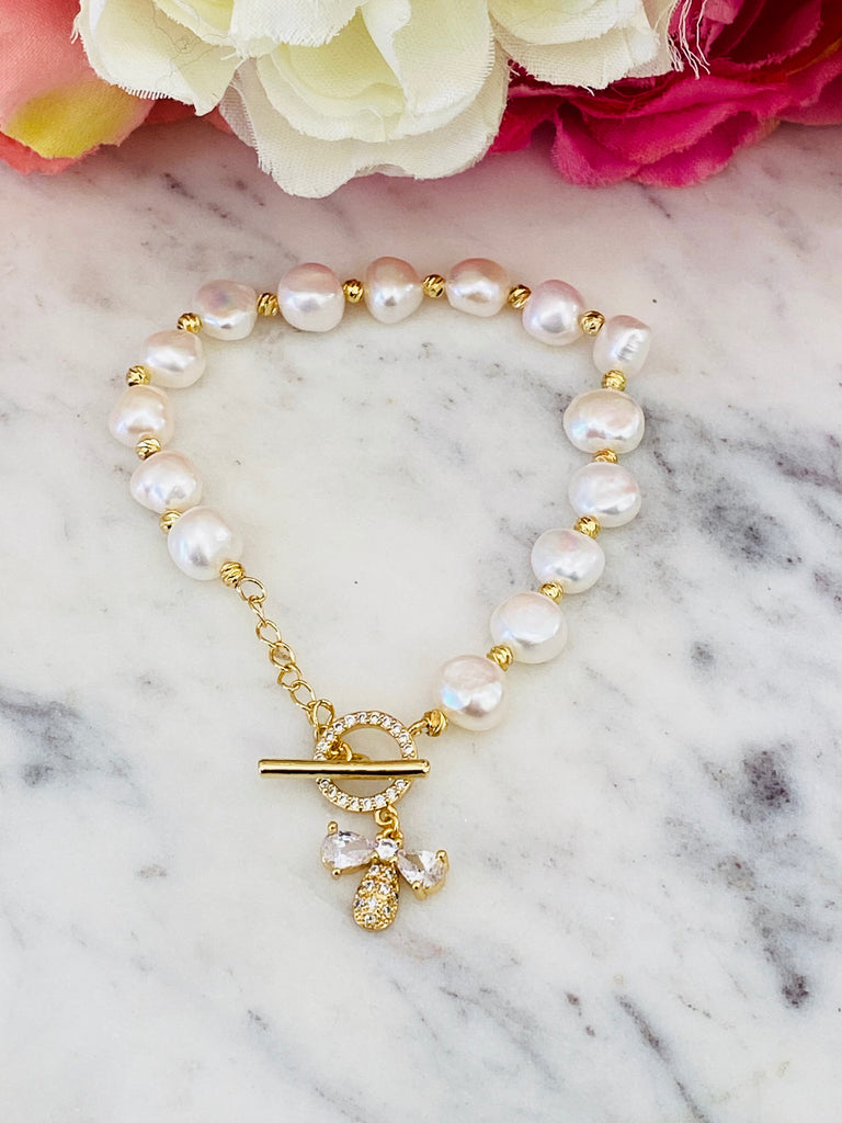 18k real gold plated and freshwater Pearl angel bracelet