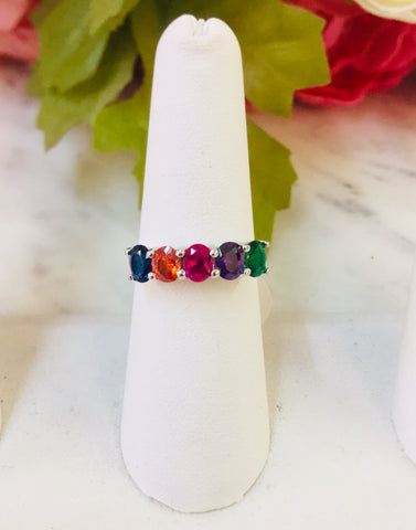 .925 Sterling Silver And Cz  Multicolor Ring