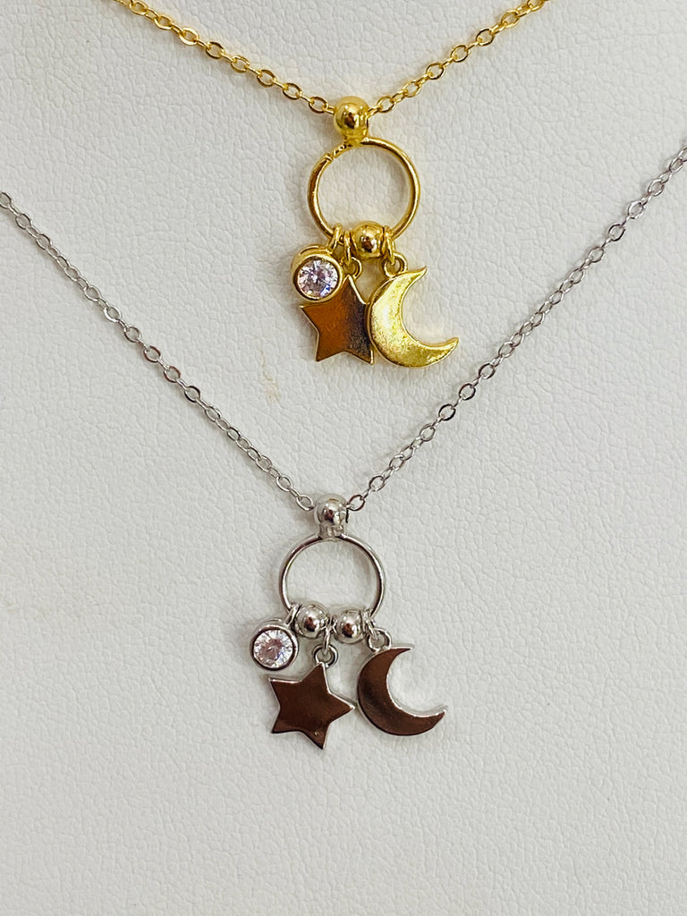 .925 Sterling Silver Moon, Star, And Cz Dangling Necklace