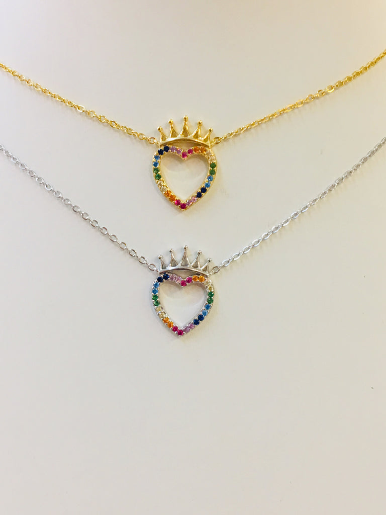.925 Sterling Silver Multicolor Heart With Crown Necklace