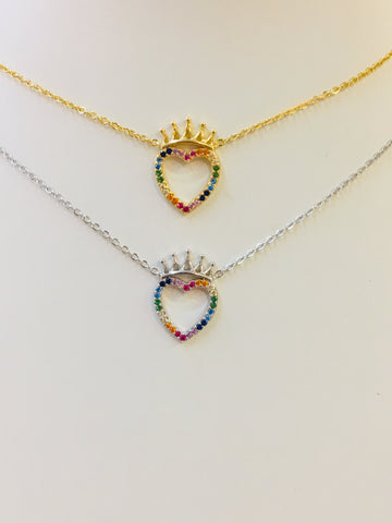 .925 Sterling Silver Multicolor Heart With Crown Necklace