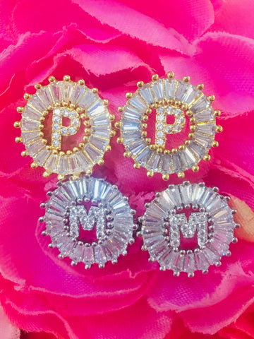 Brass Rhodium Plated And Cz Zirconia Initial Earrings