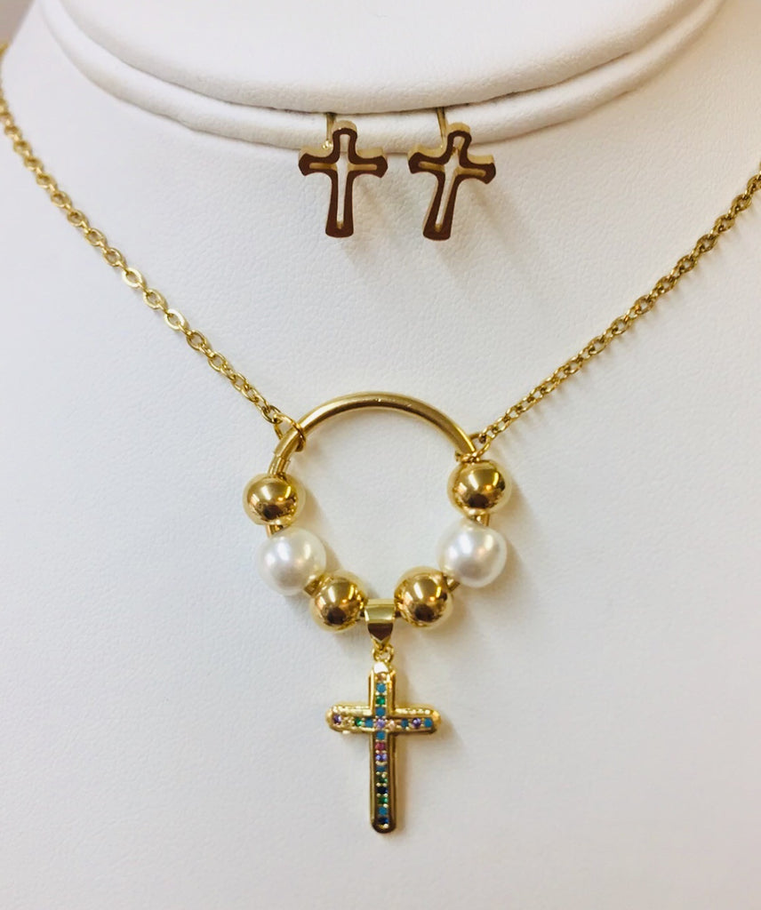 Stainless Steel Cross With Pearl Necklace Set
