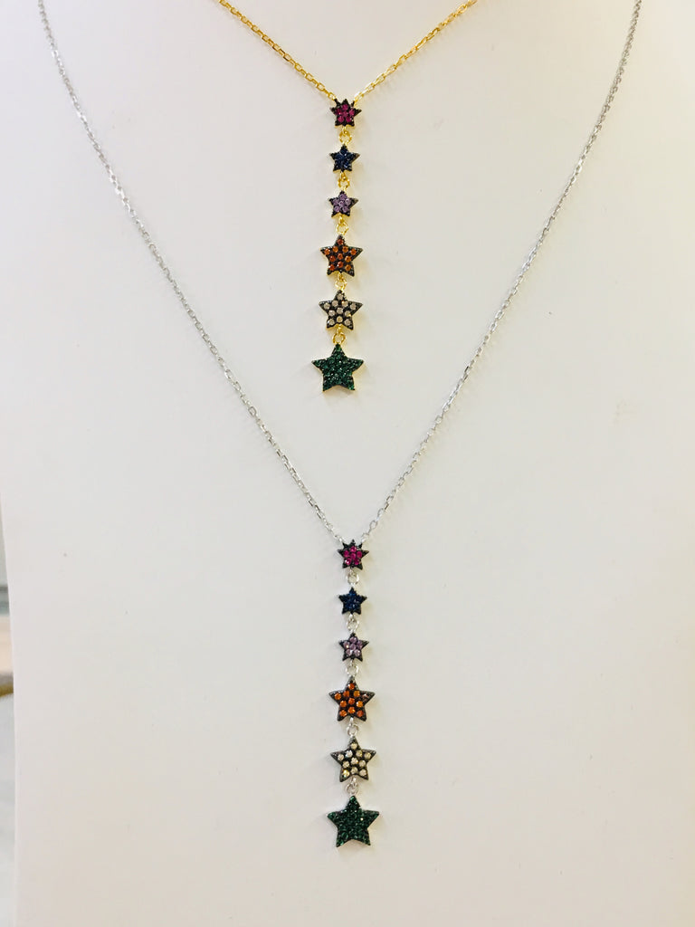 .925 Sterling Silver Colorful Dangling Stars Necklace