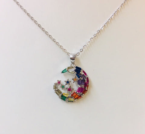 .925 Sterling Silver And Cz Multicolor Moon And Stars Necklace