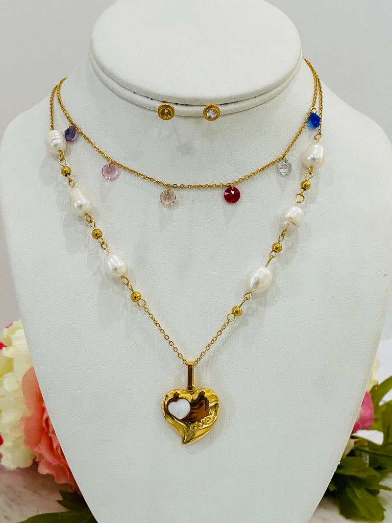 Stainless Steel Pearl And Hear Multicolor Necklace Set