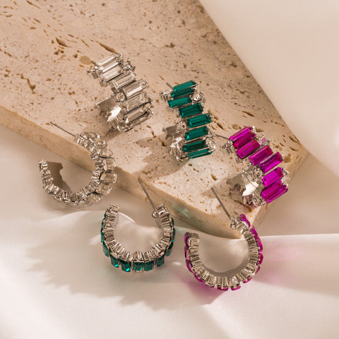 Fashion baguette crystal hoop earrings