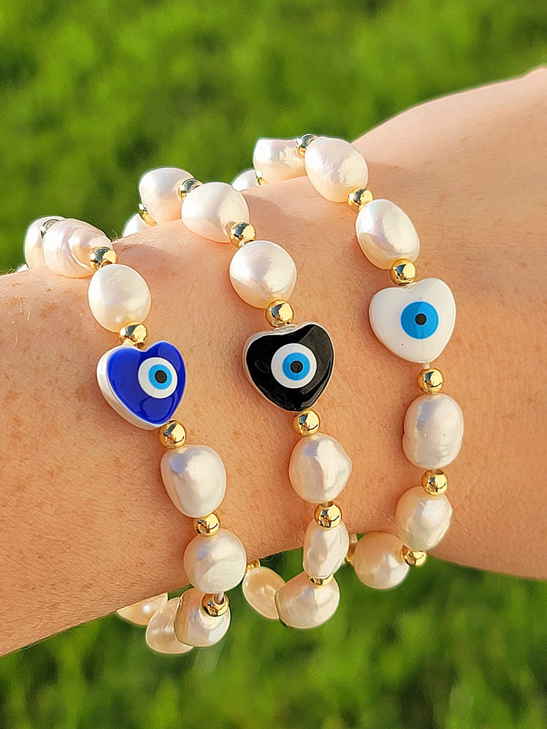 18k real gold plated and pearl evil eye heart bracelets