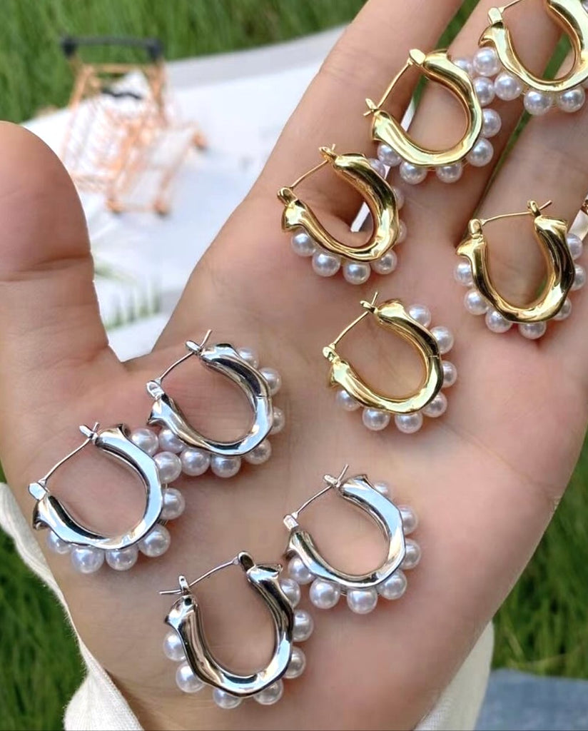 18k real gold plated pearl hoop earrings