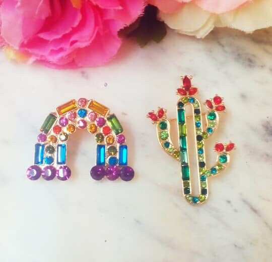 Fashion Baguette Rainbow And Cactus Pin Set