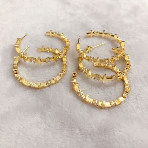 18k real gold plated cross hoop earrings