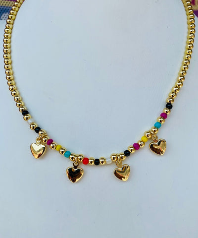 18k real gold plated multicolor seed bead and heart necklace